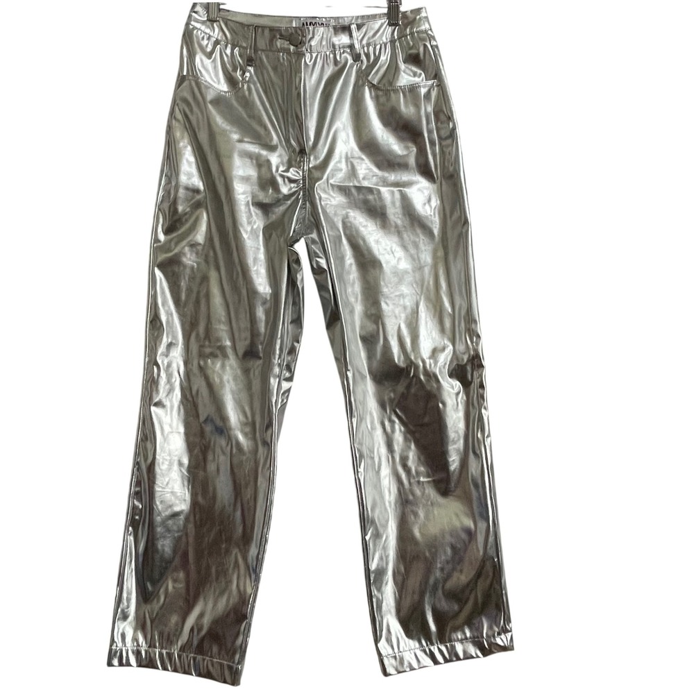 AmyLynn Silver Metallic Straight Leg Pants Size L Festival Y2K Spacecore Glam‎